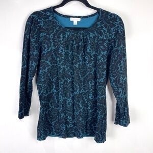 Charter Club Paisley Floral Knit Top Blue 3/4 Sleeve Stretch Blouse Women M